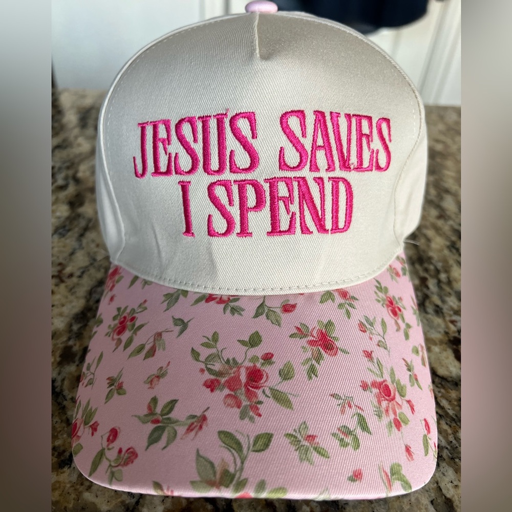 NEW “Jesus Saves I Spend” Floral Pink and White Cap